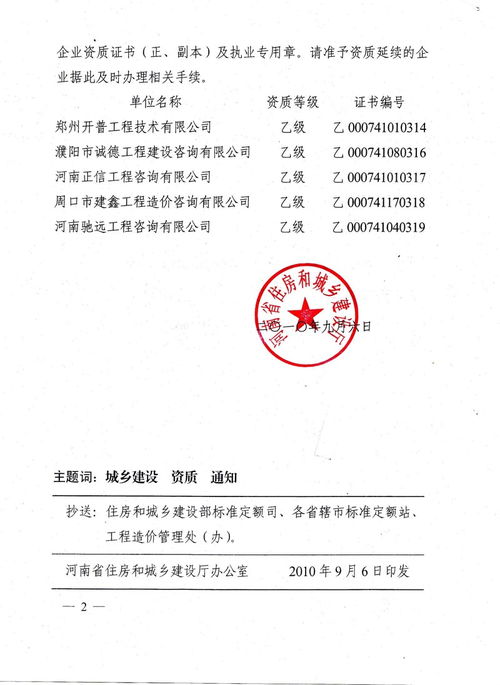 河南省住房和城鄉(xiāng)建設(shè)廳關(guān)于批準(zhǔn)鄭州開(kāi)普工程技術(shù)等6家乙級(jí)工程造價(jià)咨詢企業(yè)資質(zhì)延續(xù)的通知